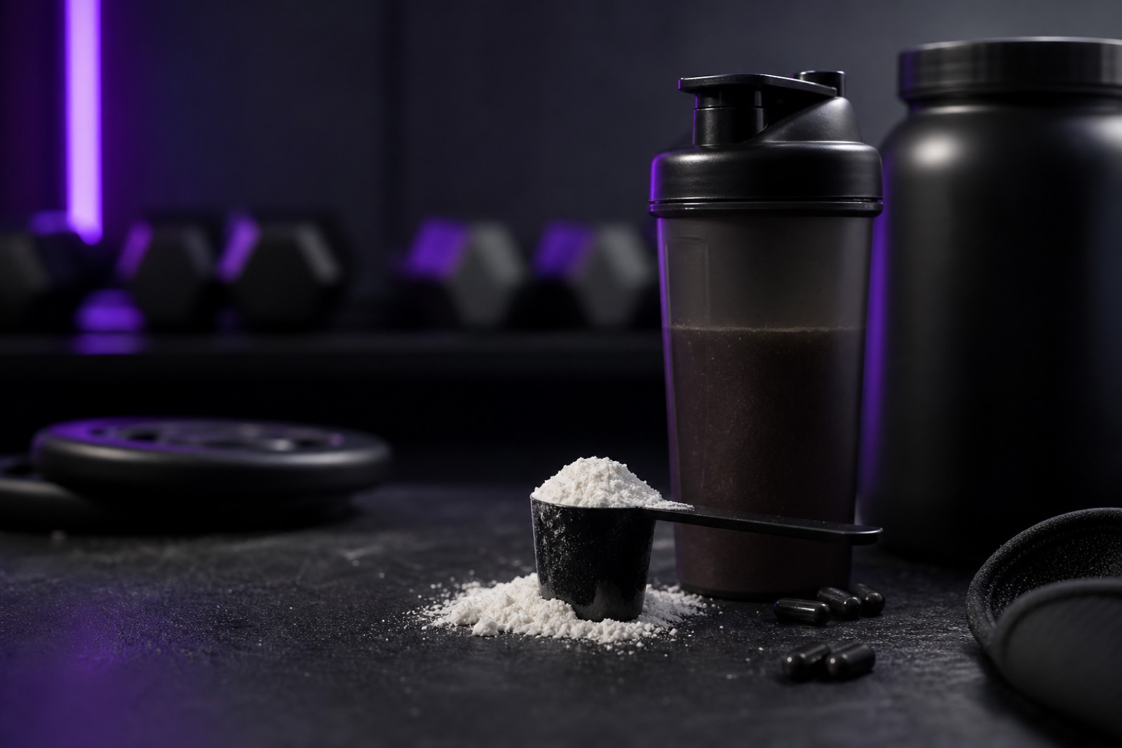Protein powder and creatine monohydrate containers next to a shaker bottle