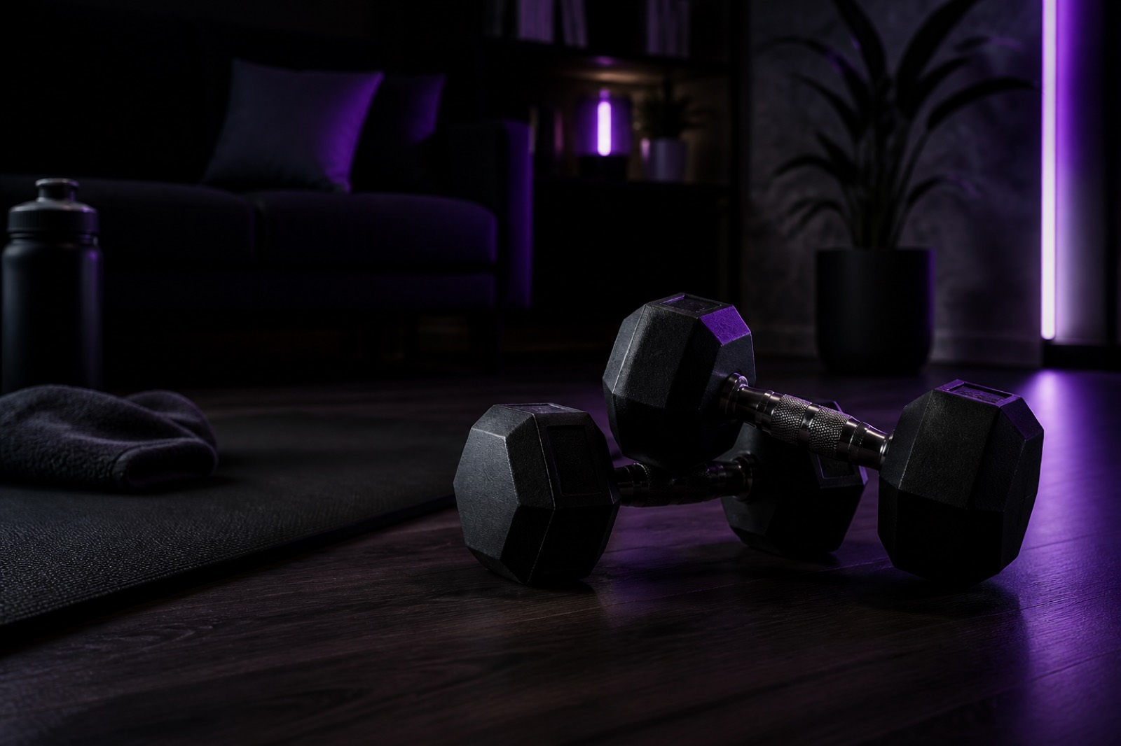 Pair of dumbbells on a gym floor ready for a full body workout
