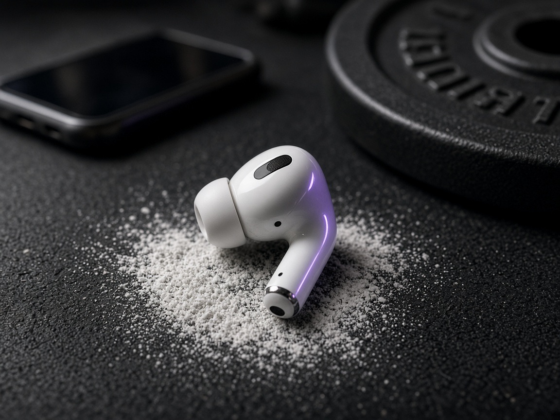White wireless earbud on chalked gym rubber