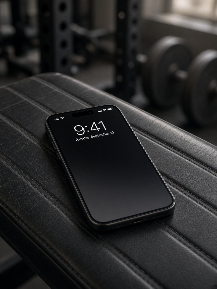 Phone on a gym bench showing the lock screen