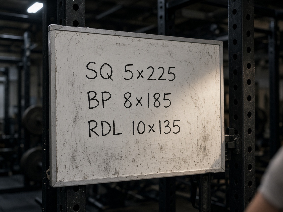 Gym whiteboard with squat, bench, and RDL shorthand